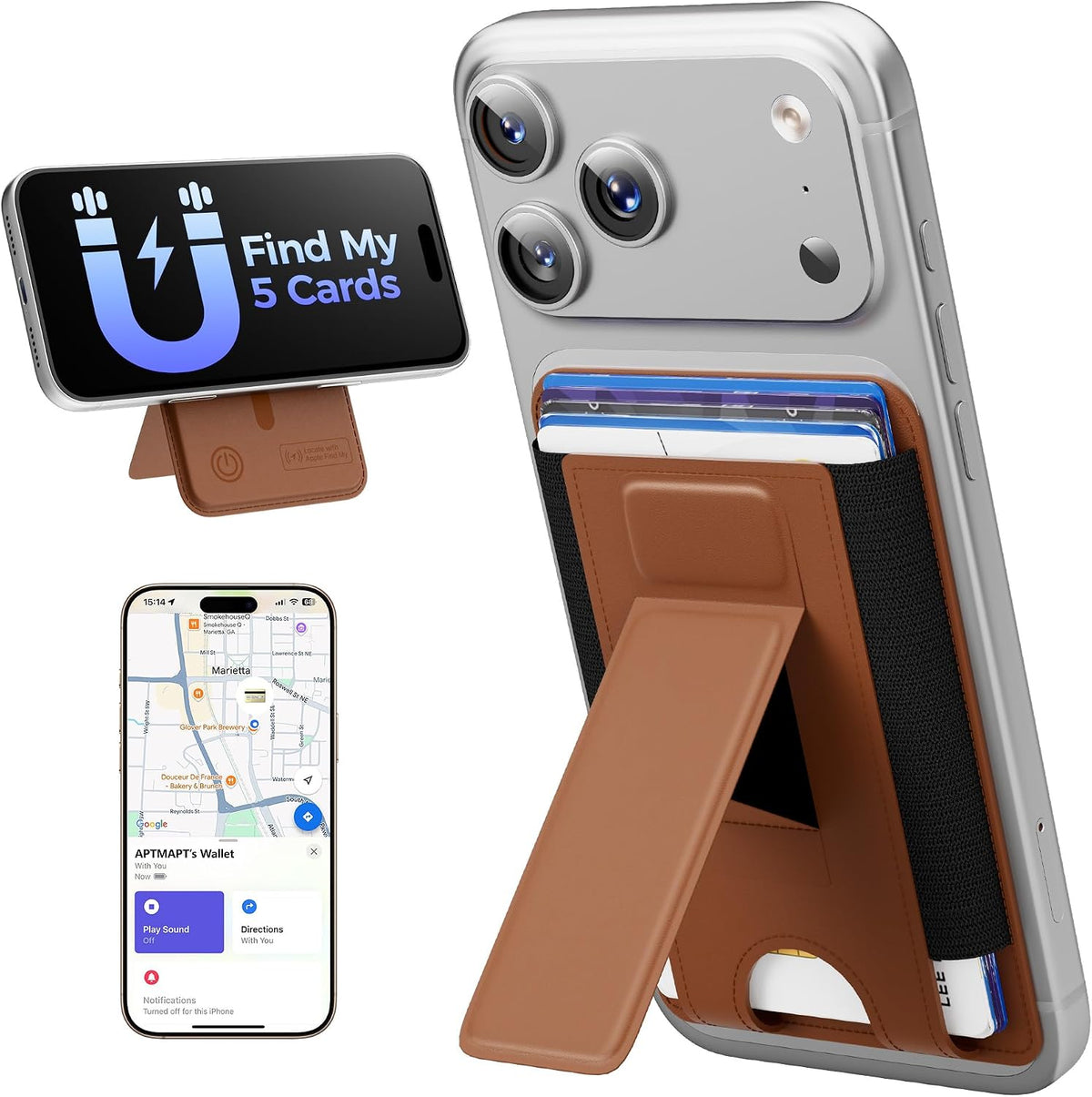 for MagSafe Wallet, Works with Apple Find My, 5-Card RFID Holder with Stand Also Grip, Strong Magnetic Wallet for iPhone 17/16/15/14/13/12 Pro Max Air Plus, Wireless Charging, Black