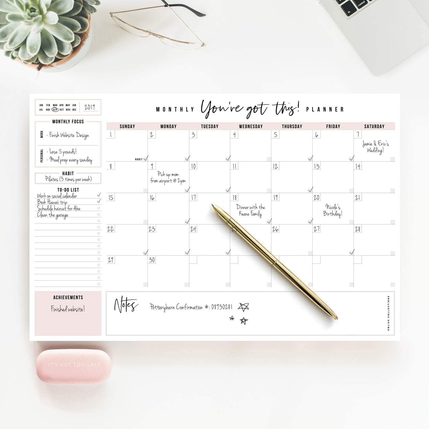 Bliss Collections Weekly Planning Pad, To Do List Notebook - Undated Tear-Off Sheets Notepad - Work Calendar, Organizer, Scheduler for Goals, Tasks - Minimalist, 8.5" x 11", 50 Sheets
