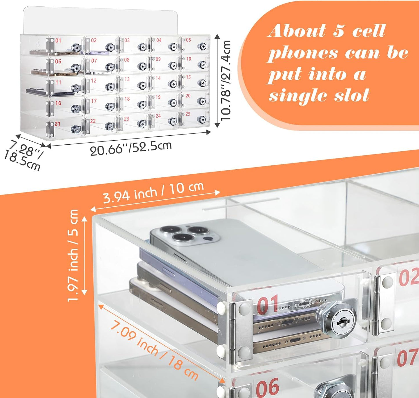 Threan 12 Slot Cell Phone Storage Box, Acrylic Clear Cell Phone Storage Cabinet Wall Mounted with Door, Locks and Keys for Office School Factory