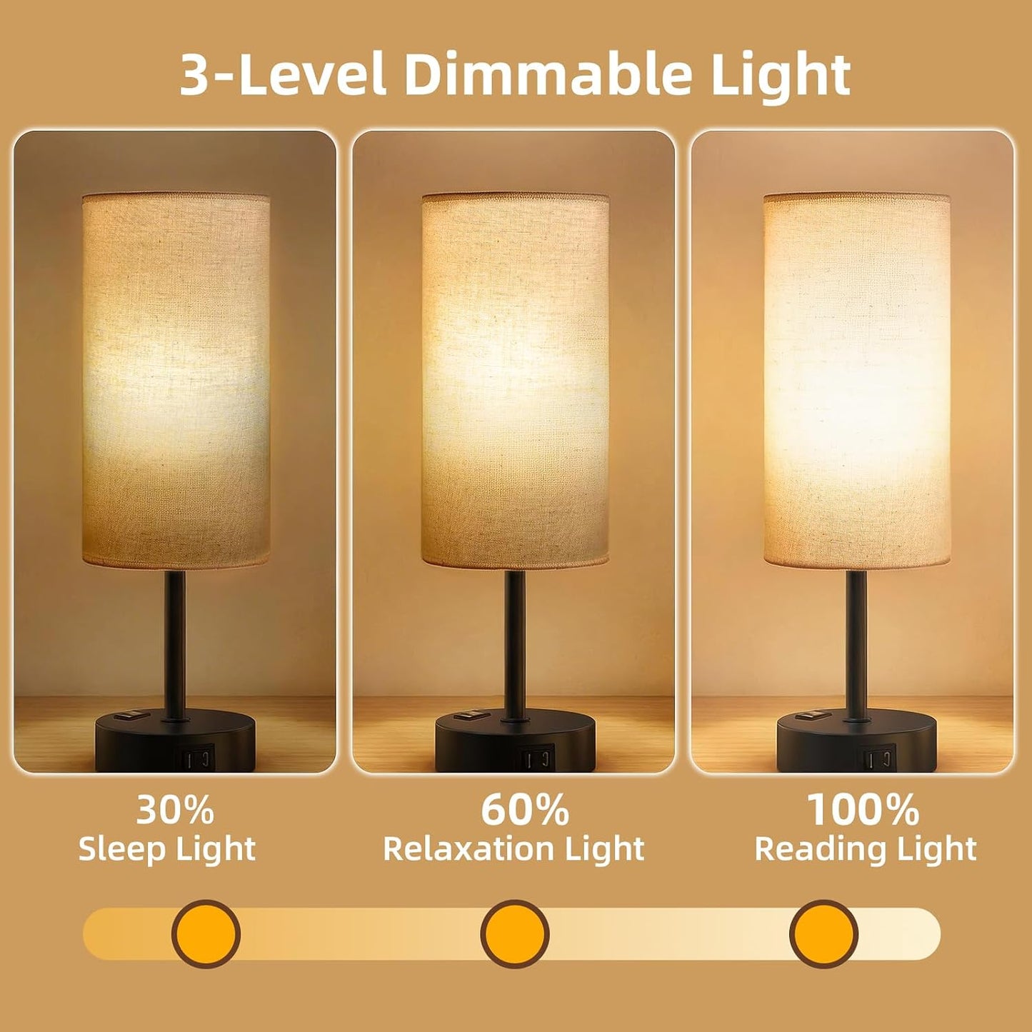 Table Lamp for Nightstand, High-Sensitivity Touch, 3-Level Dimmable Bedside Lamp with AC Outlet | USB | and USB-C, Ideal Night Stand Lamp for Bedroom, Reading, Living Room(Warm&Wooden)