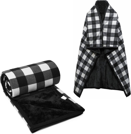 forestfish Fleece Wearable Blanket, Plaid Lap Blanket Comfy Poncho Throw with Buttons for Bed Sofa Office, Grey-White