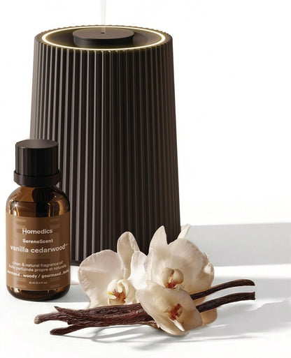 Homedics Waterless Essential Oil Diffuser with 15ml Vanilla Cedarwood Fragrance Oil. SereneScent Cordless Cold Air Scent Diffuser Starter Kit with Ambient Light, Studio 671 (White)
