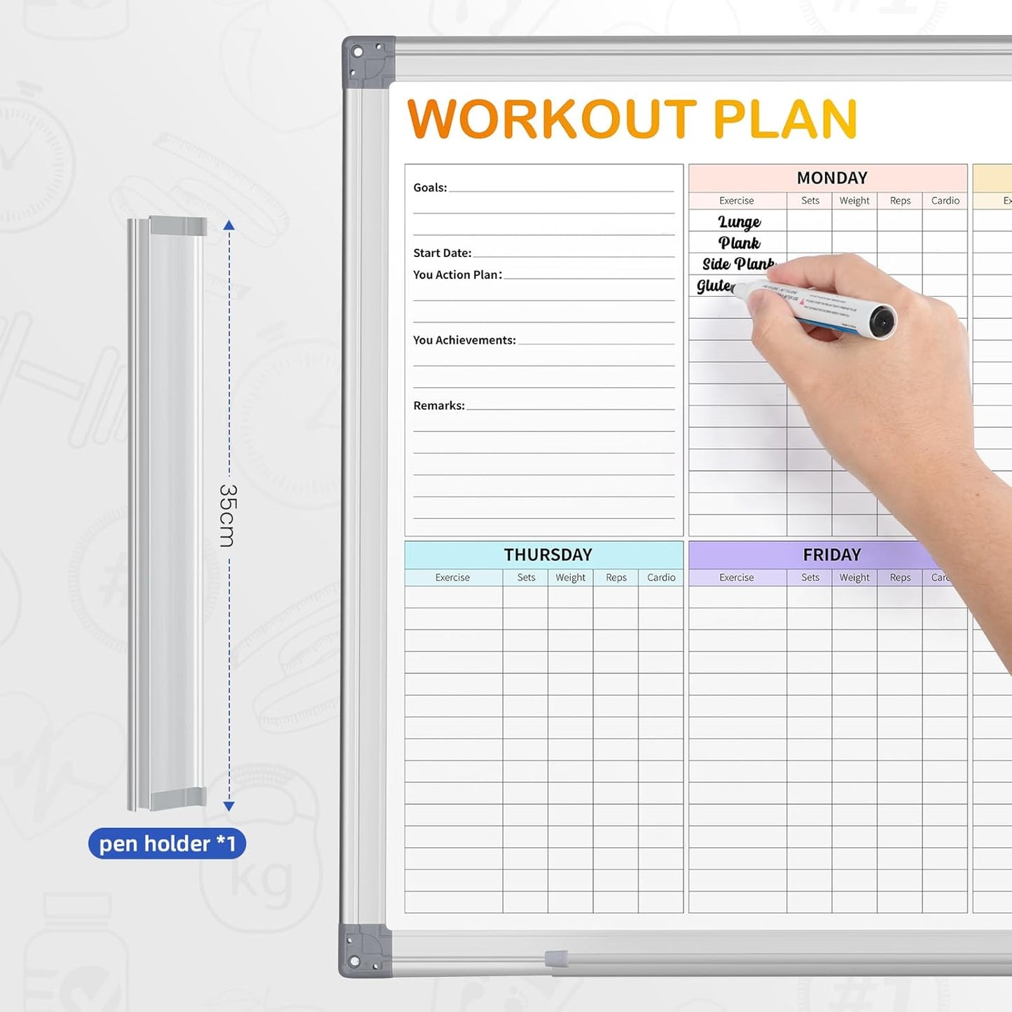 Workout Plan Dry Erase Magnetic Whiteboard for Refrigerator-Weekly Fitness Tracker Gym Exercise Tracker Schedules and Checklists