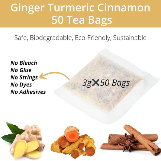 50 Premium Turmeric Ginger Cinnamon Tea Bags| Vitalforest Natural Ginger Tea Bags| Pure Turmeric Tea| Herbal Cinnamon Tea| Caffeine Free