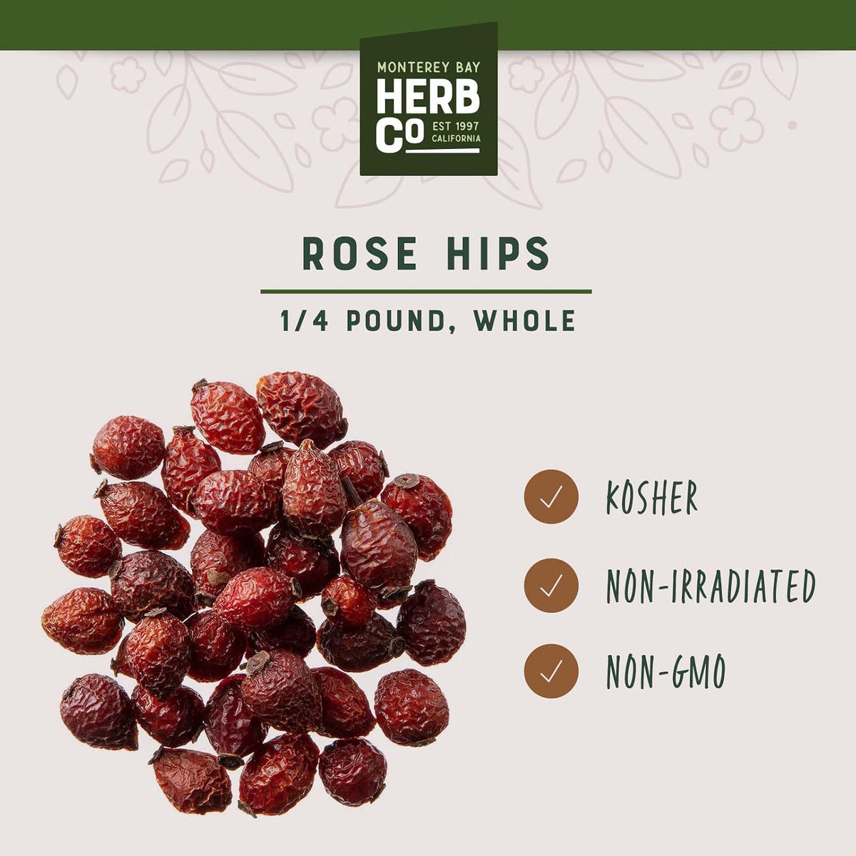 Rose Hips Whole, by Herb Co, Rosa Canina, Haw, from Chile, Kosher, for Syrup, Cordials, Wine, Tea, Oxymels & Potpourri, 1/4 lb