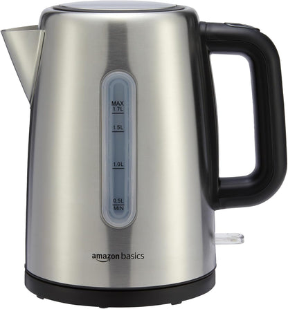 Amazon Basics Electric Kettle with Glass Carafe for Tea and Coffee, BPA-Free, Fast Boiling, Auto Shut-Off, Boil-Dry Protection, Water Level Indicator, 1.7 Liter, 1500W, Black and Silver