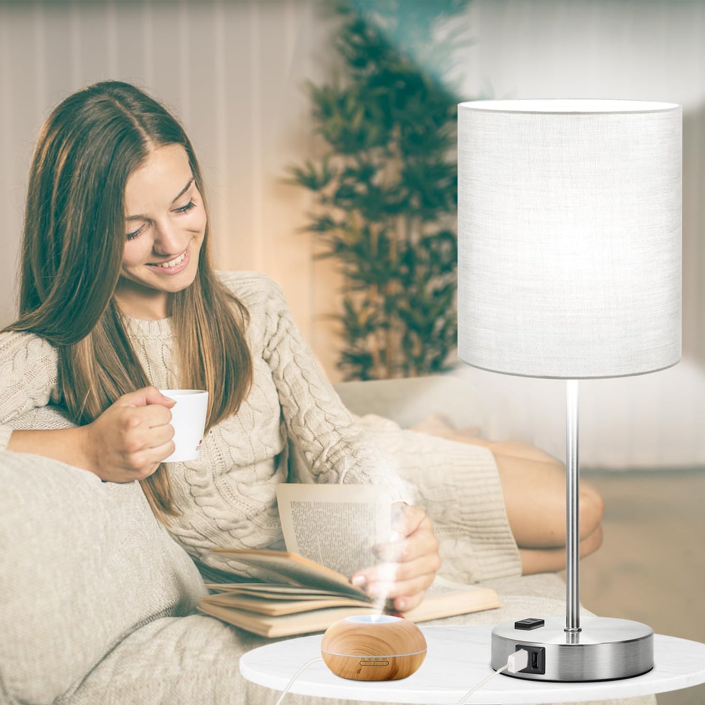 Set of 2 Touch Control Table Lamps with 2 USB & AC Outlet, 3-Way Dimmable Bedside Nightstand Lamps for Bedroom Living Room Nursery, 800 Lumens 5000K Daylight Bulbs Included