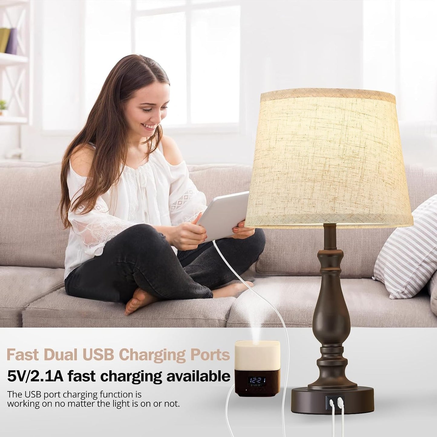 EJIAXIN Lamps for Bedrooms Set of 2, Brushed Nickel Bedside Lamps with USB C+A Ports,Dimmable Nightstand Lamps with Fabric Lampshade, Touch Table Lamp for Living Room Bedroom Office, Bulbs Included