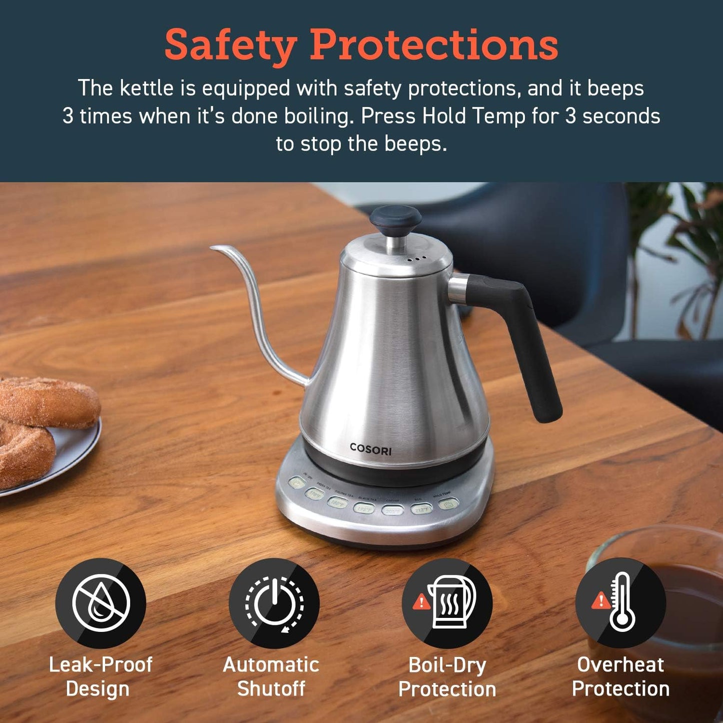 Cosori Electric Gooseneck Kettle Smart Bluetooth with Variable Temperature Control, Pour Over Coffee & Tea, 100% Stainless Steel Inner Lid & Bottom, Quick Heating, Matte Black