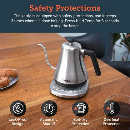 Cosori Electric Gooseneck Kettle Smart Bluetooth with Variable Temperature Control, Pour Over Coffee & Tea, 100% Stainless Steel Inner Lid & Bottom, Quick Heating, Matte Black