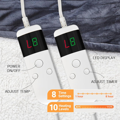 Electric Heated Blanket Throw Size 50''x60''-Control Heating Blanket, Soft & Warm Flannel 10-Level Temperature Control, 8 Hours Auto Off, Rapid Heating & Overheat Protection
