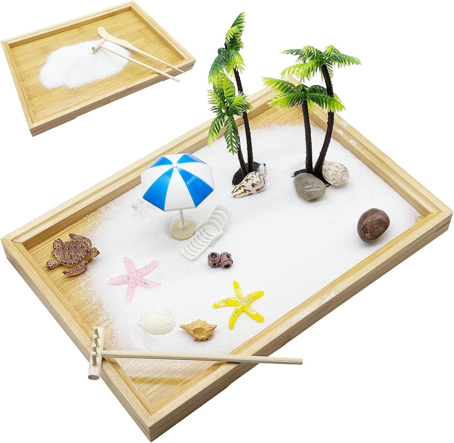 Woohome Mini Zen Garden Kit, Mini Zen Sand Garden Kit, Ocean Beach Sandbox Decorations Zen Decor Kit with White Sand, Mini Boats, Shells, Rocks for Home Office Desktop Decor