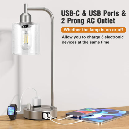 Industrial Table Lamps for Bedrooms Set of 2 - Fully Dimmable Bedside Lamps with USB A and C Ports and Outlet, Black Nightstand Lamps with Glass Shade for Living Room, Desk Lamps for Office Reading