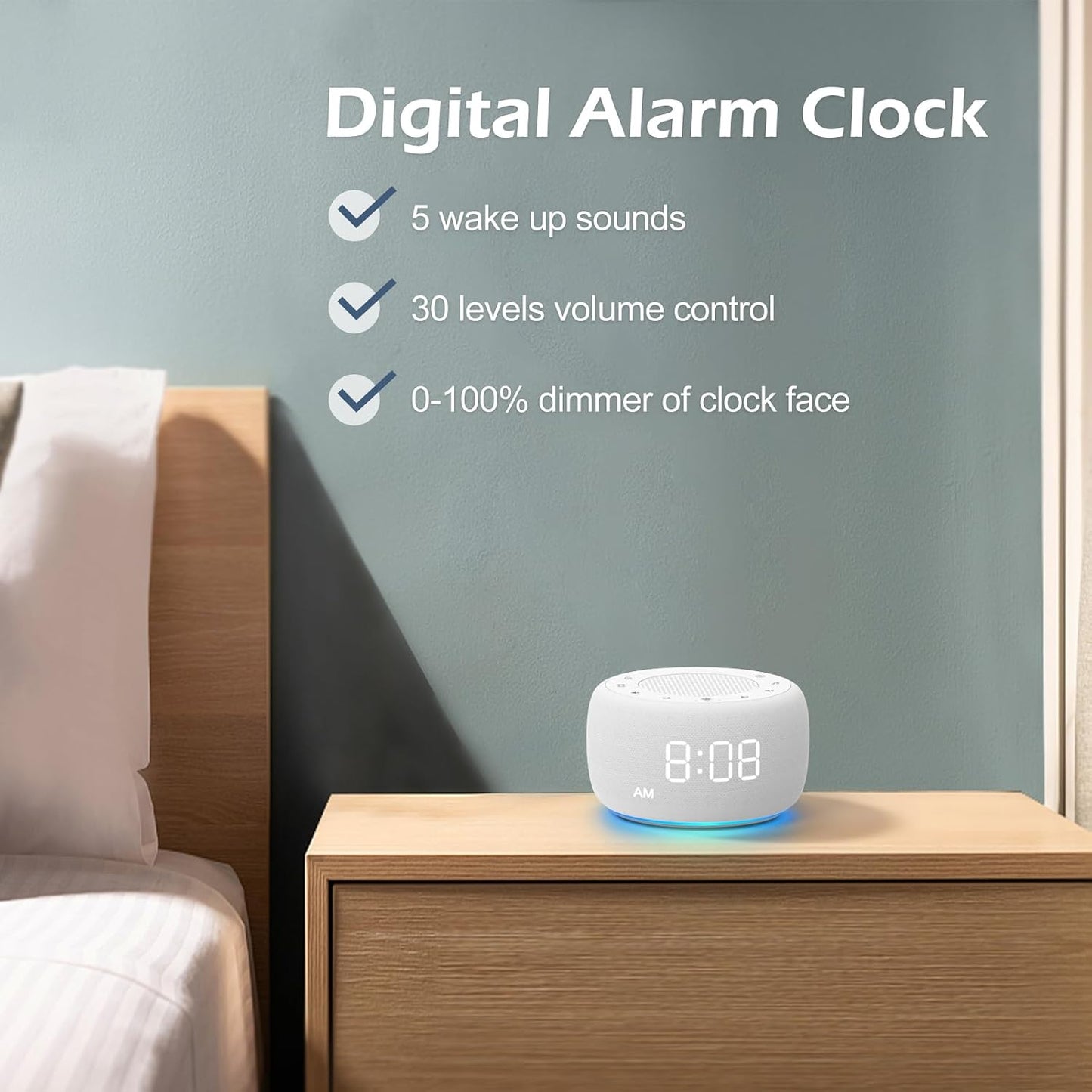 Buffbee Alarm Clock with Sound Machine for Bedrooms – 2-in-1 White Noise Machine for Sleep, Gentle Wake-Up with Soft Alarm Sounds, Ambient Night Light, Plug-in, Sleep Better, Wake Gently