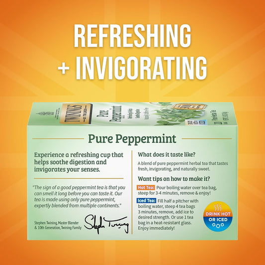 Twinings Pure Peppermint Herbal Caffeine-Free Tea Bags, 20 CT Box (1 Pack)