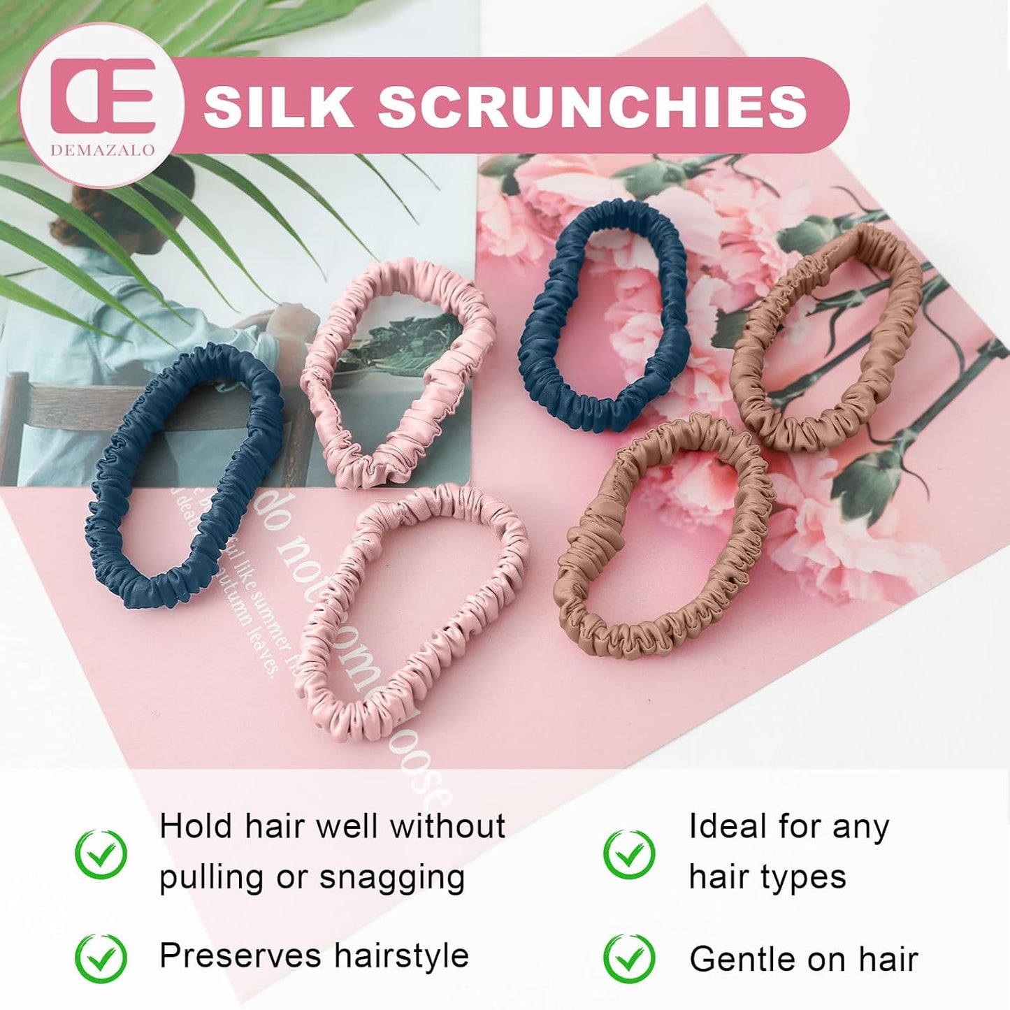 6Pcs Silk Hair Ties 100% Pure Mulberry Silk Scrunchies for Women Girls | No Hair Crease, Anti Frizz, Gentle Hold, No Damage, Black Brown Pink