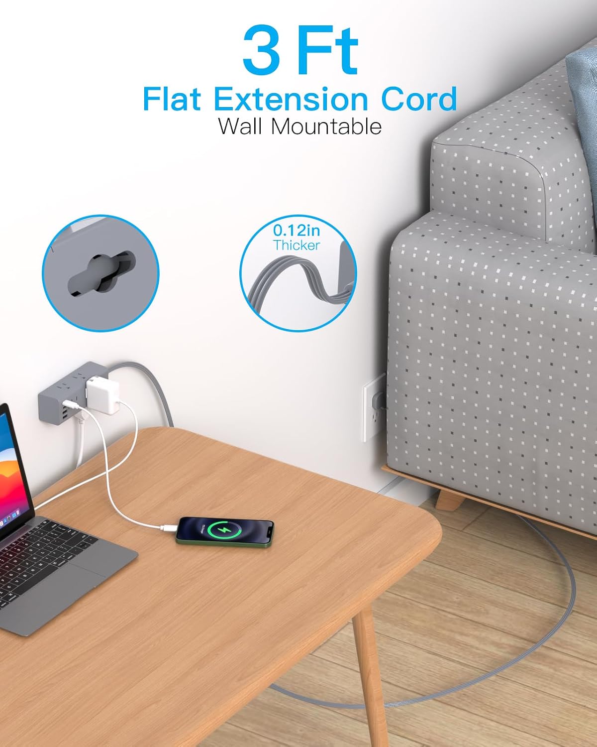 One Beat 10Ft Extension Cord with Multiple Outlets,Flat Plug Power Strip