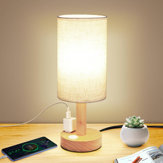 Minimalist Dimmable Nightstand Lamp with Round Fabric Linen Shade, 3 Color Temperatures, Desk & Bedside Lamp for Study, Living Room, Bedroom, Office, Dorm