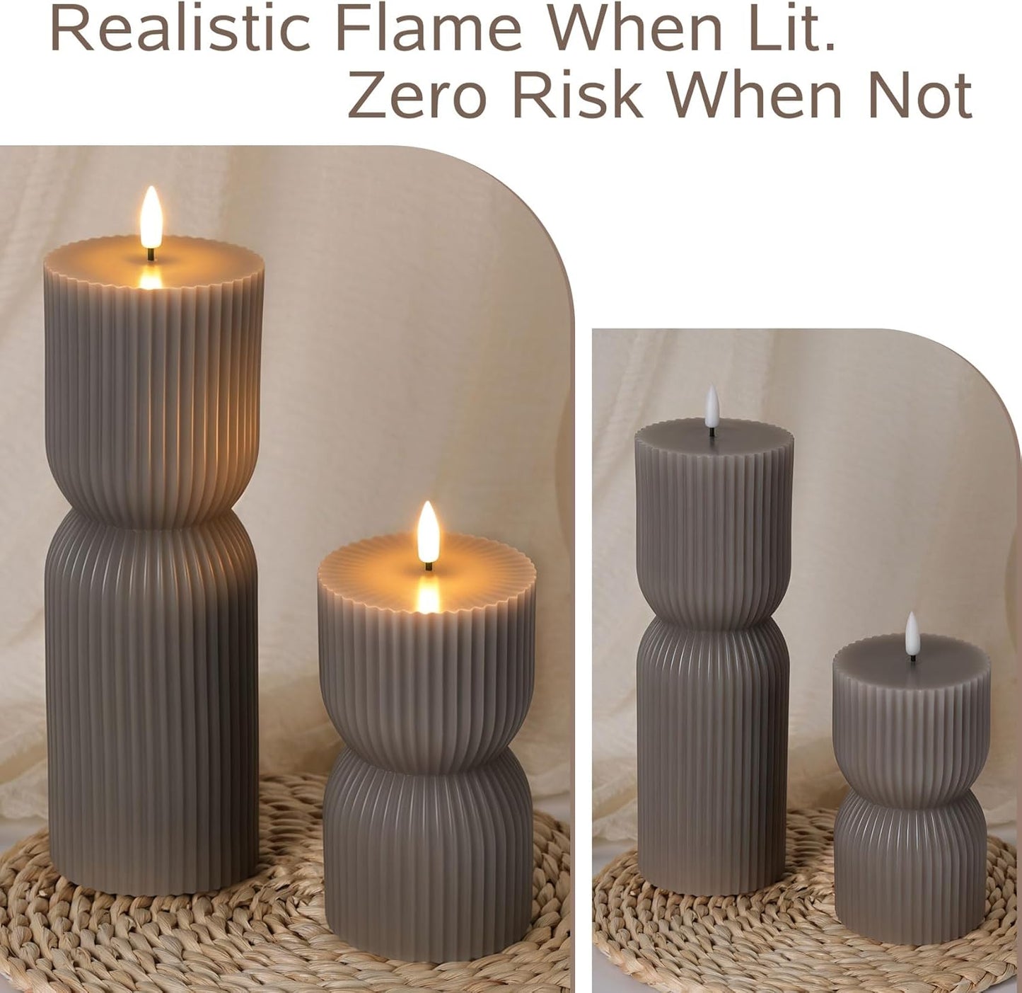 White Ribbed Flameless Pillar Candles with Remote, Real Wax Flickering Battery LED Candles Set of 2