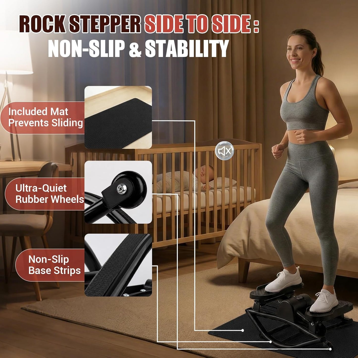 Rock Stepper for Exercise at Home, Rocking Stepper Side to Side with Resistance Bands & Digital Display, 300 LBS Capacity Full Body Workout Low-Impact Knee-Friendly Anti-Slip Side Stepper