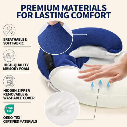 BUYUE Travel Neck Pillows for Airplanes, Memory Foam 360° Head Support Sleep for Long Flight, Skin-Friendly & Breathable, Kit with Eye Mask, Earplugs and Storage Bag (Adult, Grey, 90+ lbs)