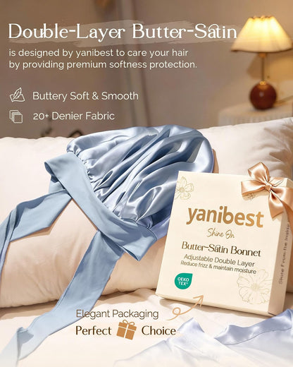 YANIBEST Adjustable Satin Bonnet for Sleeping Women Double Layer Hair Wrap Reduce Friction Prevent Frizz Natural Curly Hair