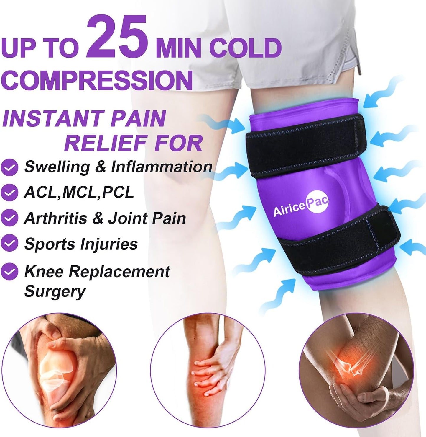 AiricePac 2 Ice Pack for Knee Pain Relief, Reusable Gel Ice Wrap for Injuries, Swelling, Knee Replacement Surgery, Cold Compress Therapy for Arthritis, Meniscus Tear and ACL, Blue