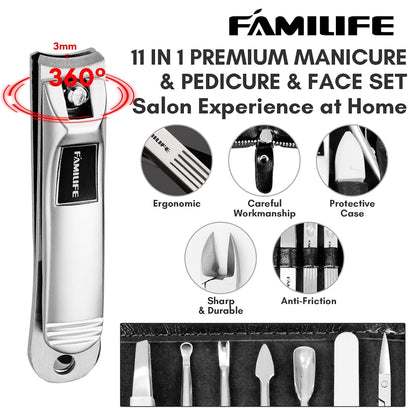 FAMILIFE Gifts for Women, Manicure Set Professional Manicure Kit 11 in 1 Nail Kit Nail Clippers Tools Stainless Steel with Rose Gold Leather Case Travel Sets