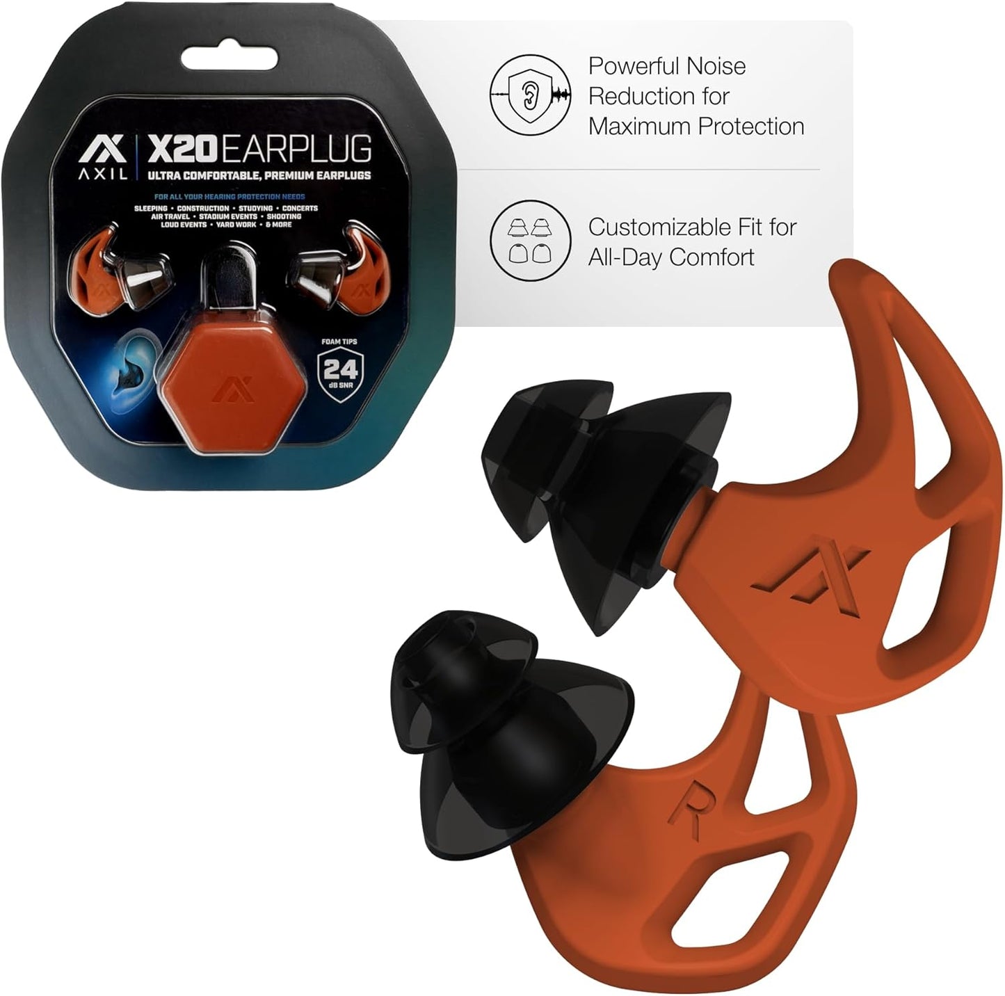 AXIL X20 Noise Reduction Ear Plugs - Pink - Customizable Fit Hearing Protection for Sleeping, Festivals, Live Events and Sports – 24dB Reusable Foam and Silicone Eartips with Carrying Case