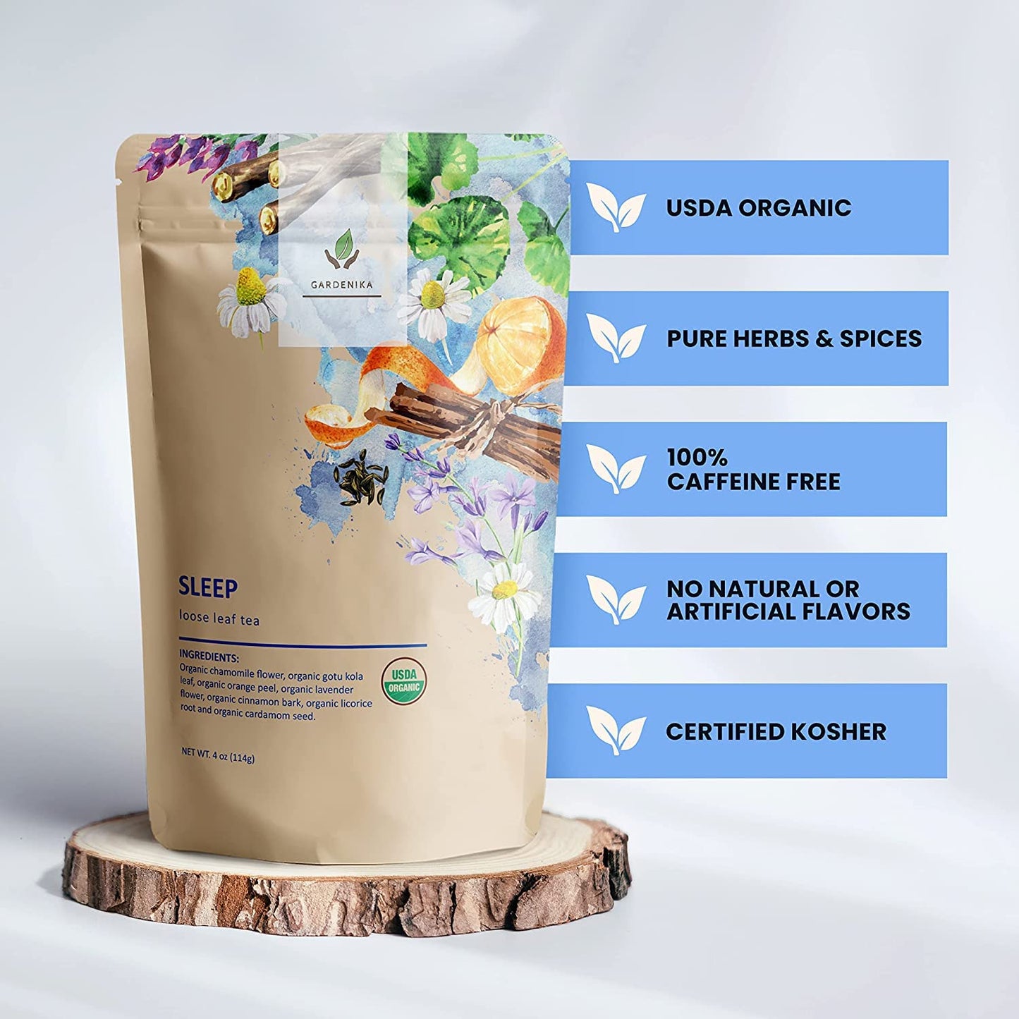 Gardenika Organic Loose Leaf Tea Sampler – 8 Pack, 1 LB – Herbal and Naturally Caffeine-Free Set - Ayurvedic Assortment Blend