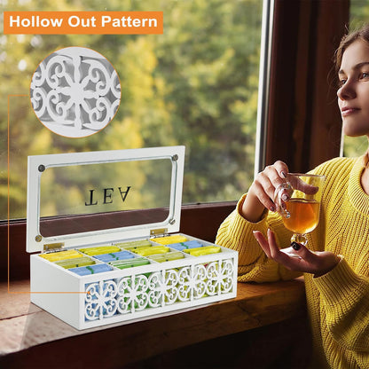 Tea Box,Wood Tea Organizer and Storage,12 Compartments Teas Bag Holder Organizer with Clear Window for Countertop Kitchen Cabinet Pantry (Smoky)