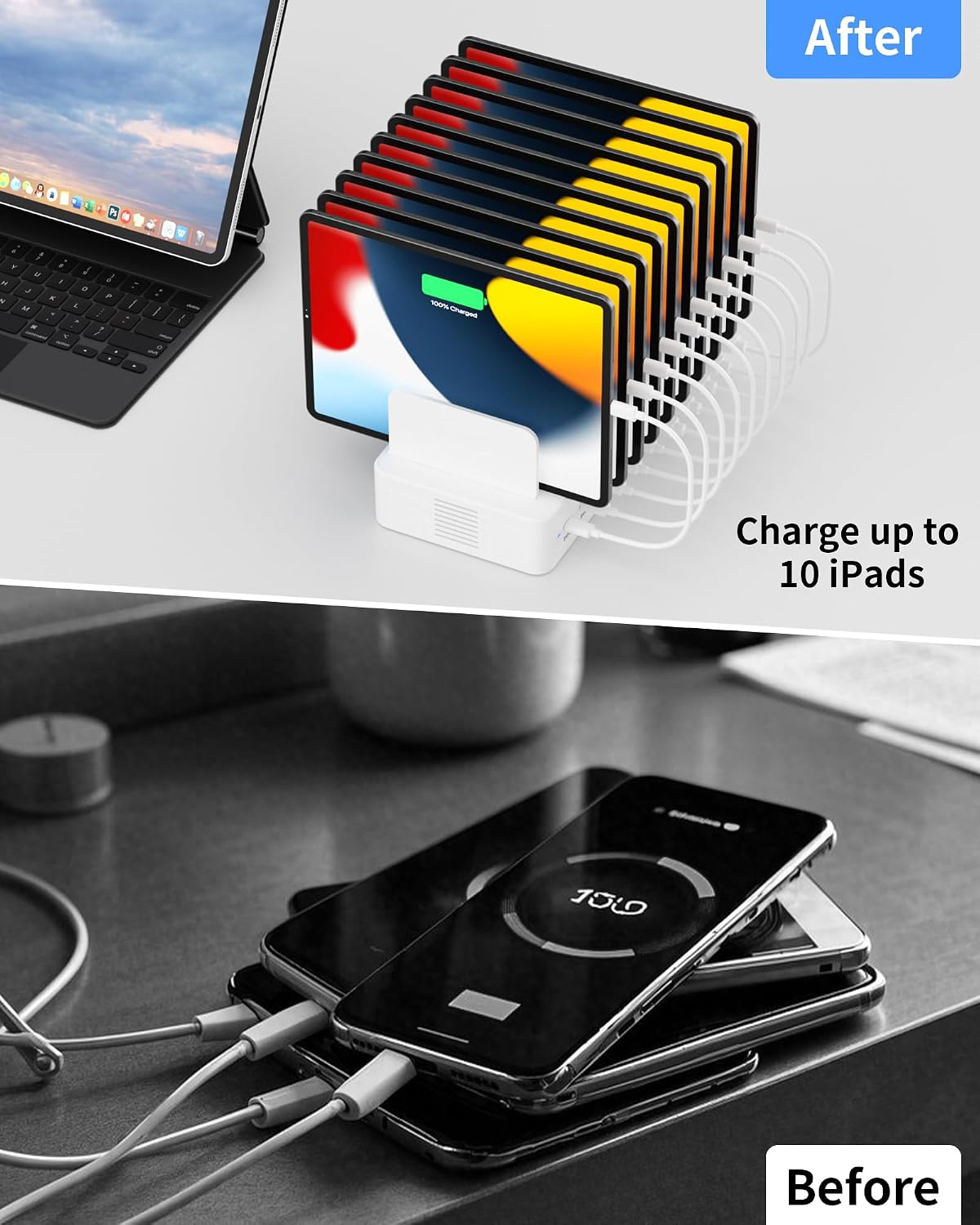 100W Charging Station for Multiple Devices, 10-Port USB Fast Charger, Black