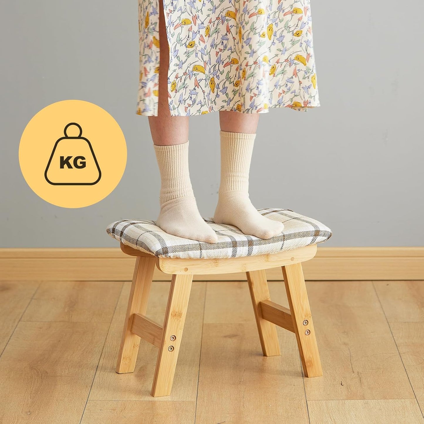 Foot Stool Ottoman Foot Rest Under Desk,Small Stool for Living Room, Bedroom and Kitchen (Brown Legs - Beige Stool Surface)