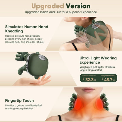 Shoulder and Neck Massager, Bionic Heated Massager, Neck Massager with Fingers, 4D Kneading Massage, Simulates a Real Palm Massage for Comfort, Relax Muscle Tension (Green)