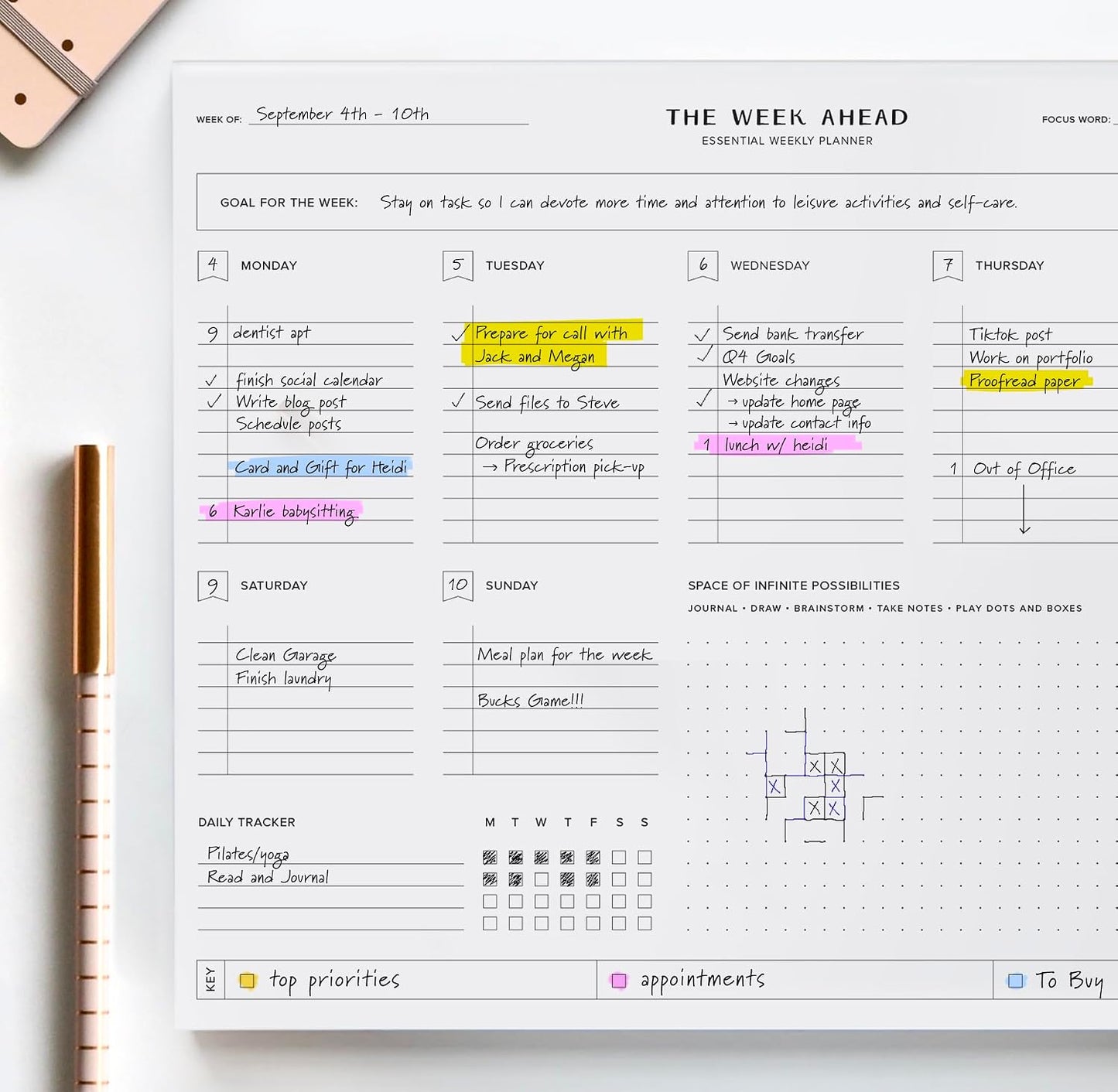 ThreeKin Weekly Planner - Premium 52-Sheet Tear-Off Notepad, 8.5 x 11 inches, Clean Colorful Design, Perfect for Work, School, Projects, and Entrepreneurs, Female & USA Owned Business