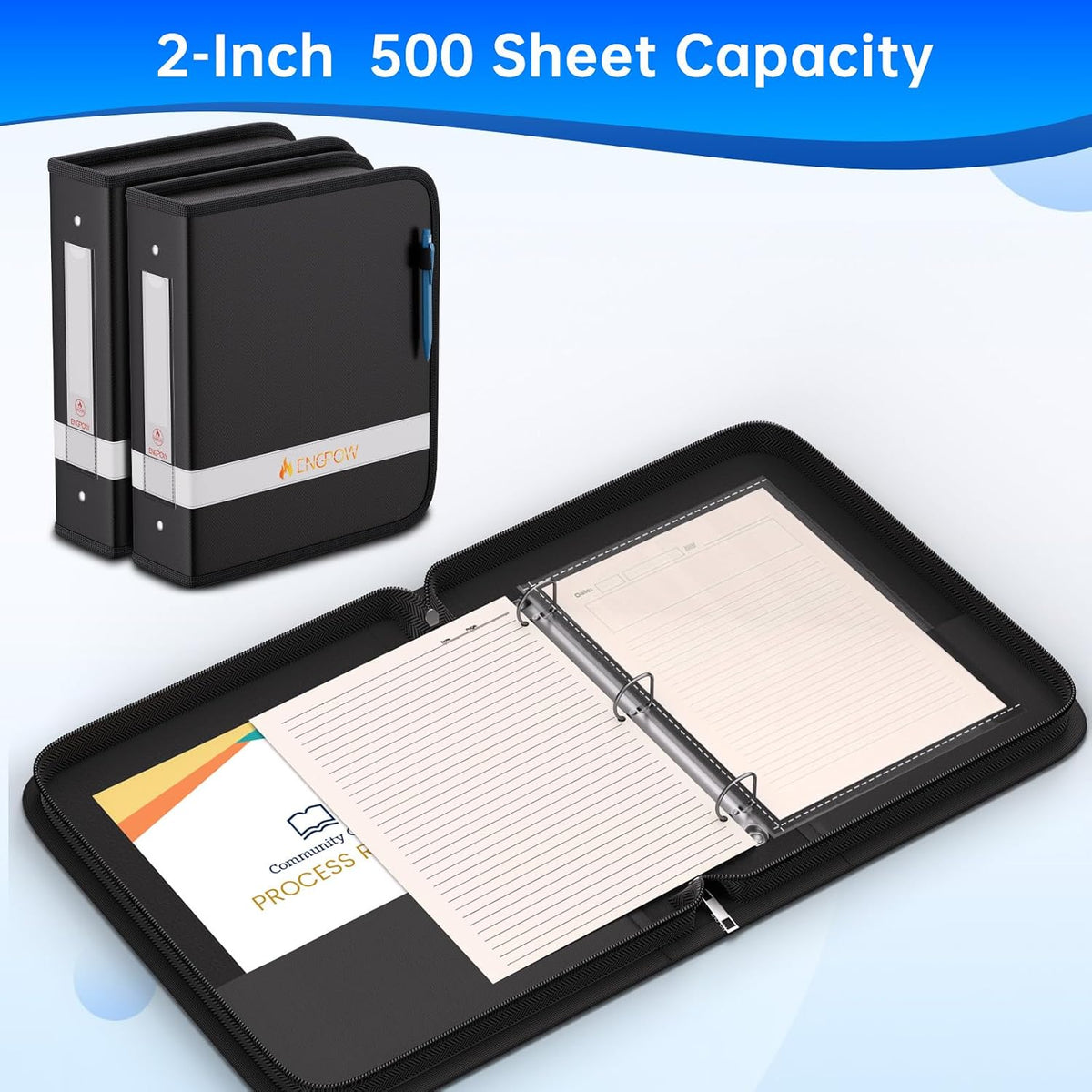 ENGPOW 3 Ring Binder,Fireproof 3 Inch D Ring Binder with Zipper,Holds 750 Sheets,Non-Stick,PVC-Free,Compatible with Clear Sheet Protectors,Portable School Office Home Safe Storage for Paper,Black