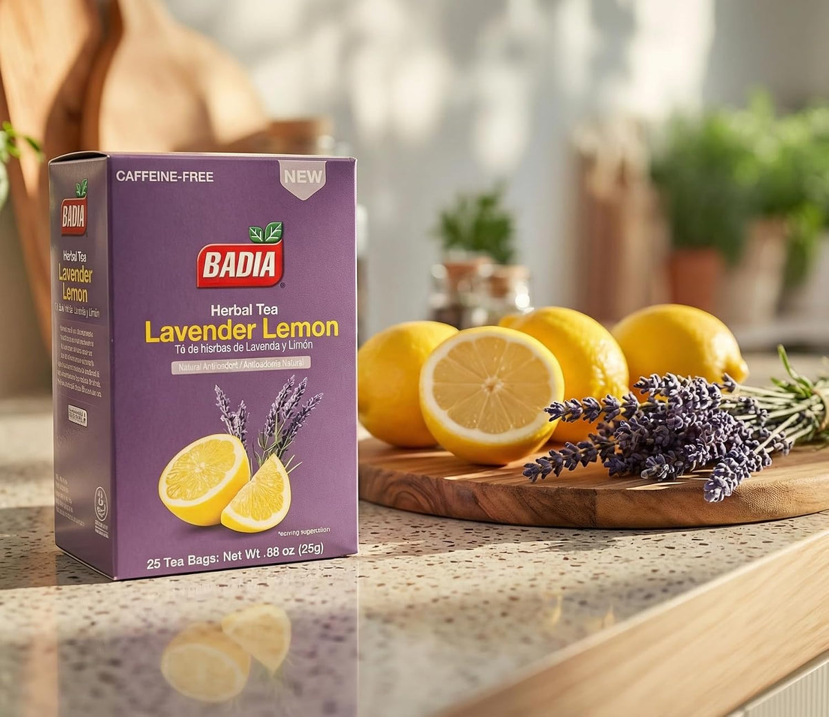 Badia Lavender & Lemon Tea – Herbal Tea with Floral Lavender & Citrus Lemon Supporting Stress Relief and Relaxation, Hot or Iced Teas, Kosher, Caffeine-Free, 25 Tea Bags
