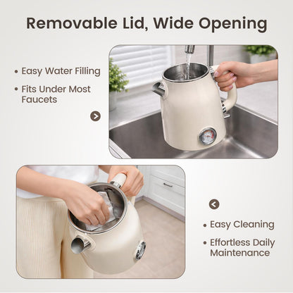 Mecity Retro Electric Kettle 1.7L, Stainless Steel Interior, Food-Grade Silicone Water Contact, Double Wall Cool Touch, 1500W Fast Boil, Thermometer (°F/°C), Wide Opening, Cream