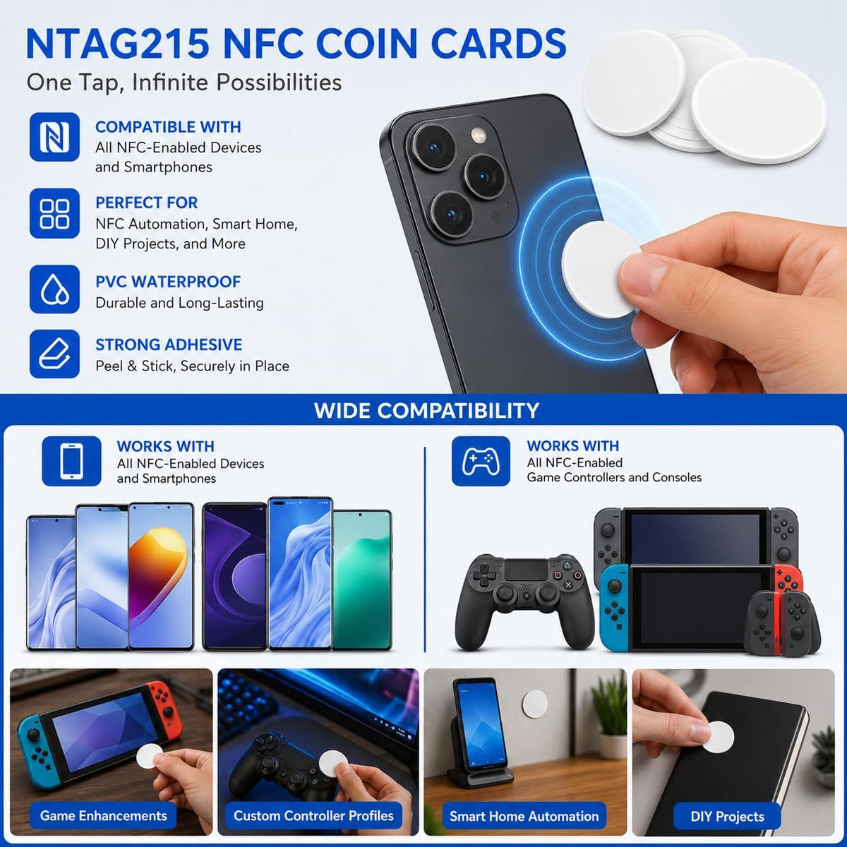 NTAG215 Blank NFC Coin Tags, 25mm Round Programmable 504 Bytes