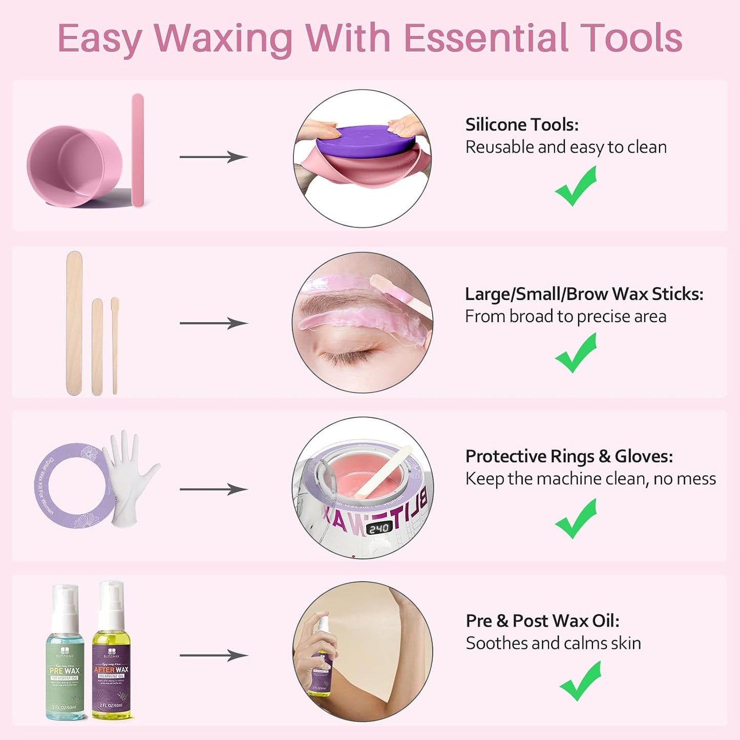 BLITZWAX Brazilian and Bikini Waxing Kit for Women, Hard Wax Warmer for Face, Legs and Body, At Home Hair Removal Kit, Beginner Friendly, Digital Fast Heating, 51 Wax Items