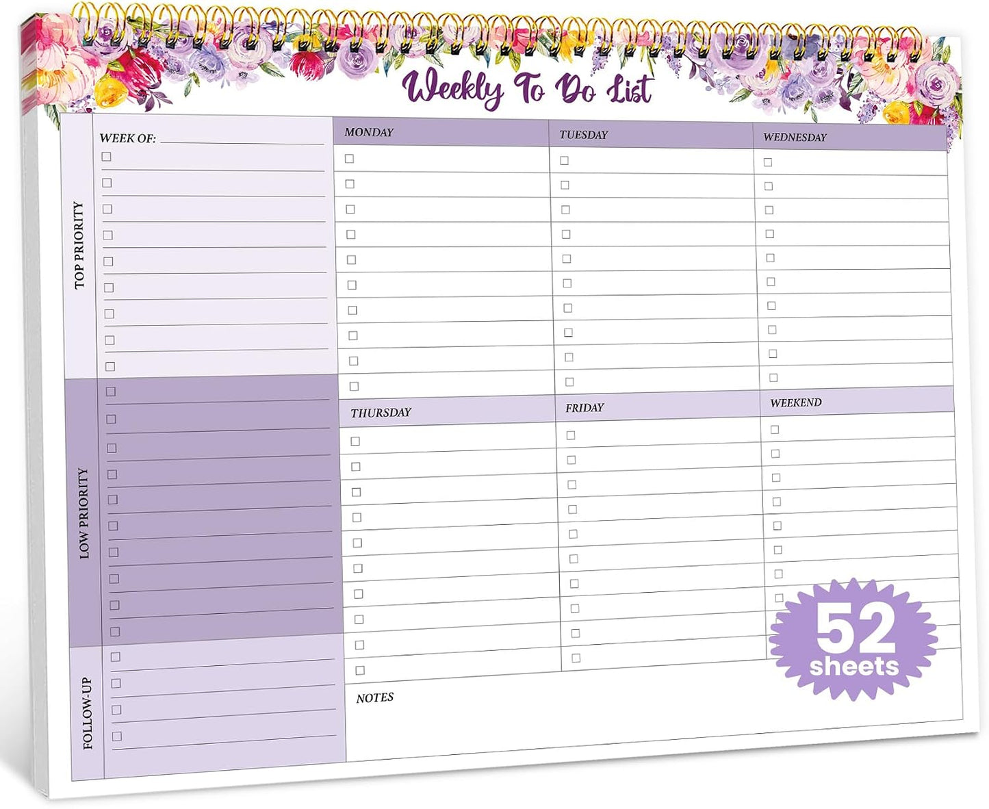Weekly To Do List Notepad with 52 Undated Sheets（8.5"×11"）- Undated Weekly Planner Notepad for Office Desk Accessories and Supplies - Sunshine Petal