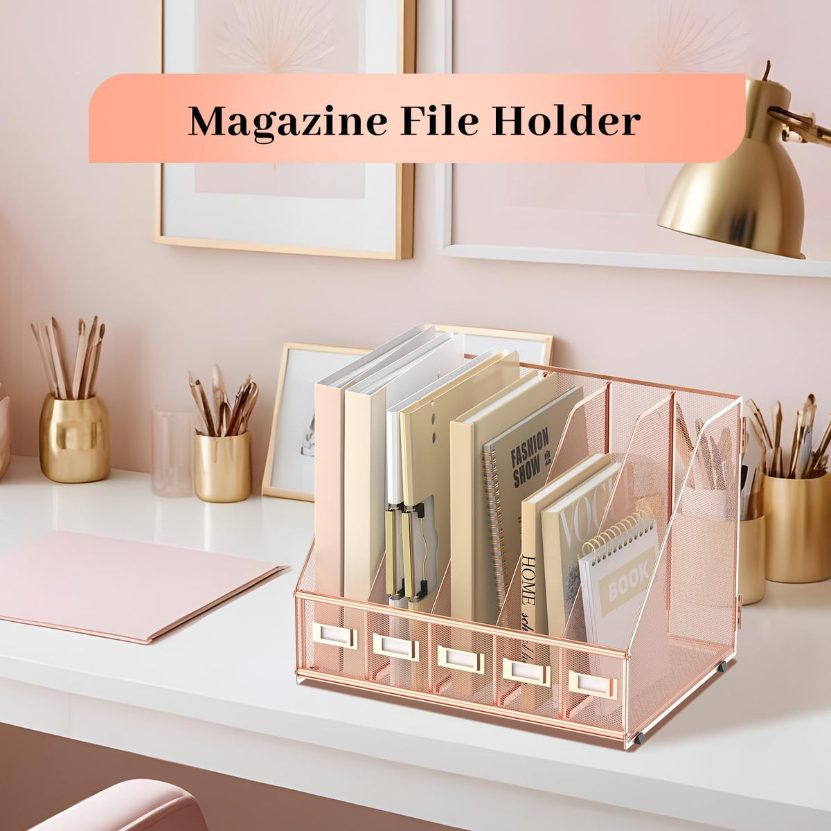 SUPEASY Desk Organizers Metal Desk Magazine File Holder with 5 Vertical Compartments Rack File Organizer for Office Desktop, Classroom, Home Workspace, Black