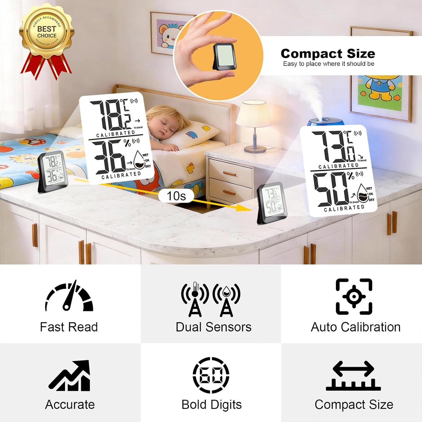 Antonki 4 Pack Mini Room Thermometer Hygrometer Indoor Temperaure and Humidity Monitor Gauge Meter for Home, Baby Room, Office, Incubator, Greenhouse, Reptile - Battery Included - Black