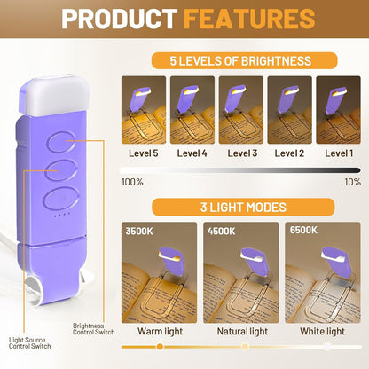 Book Reading Light Rechargeable Clip on Book Lamp with 3 Color Temperatures