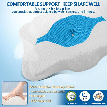 CHxxy Cervical Neck Pillow for Pain Relief Sleeping, Memory Foam Pillows, Ergonomic Side Sleeper Pillows, Cooling Orthopedic Neck Support Pillow for Back Stomach Sleepers-Queen Size Grey&Grey