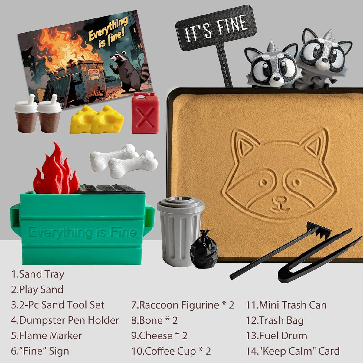 Dumpster Fire Zen Garden for Desk, Mini Sand Art Kit with Raccoons