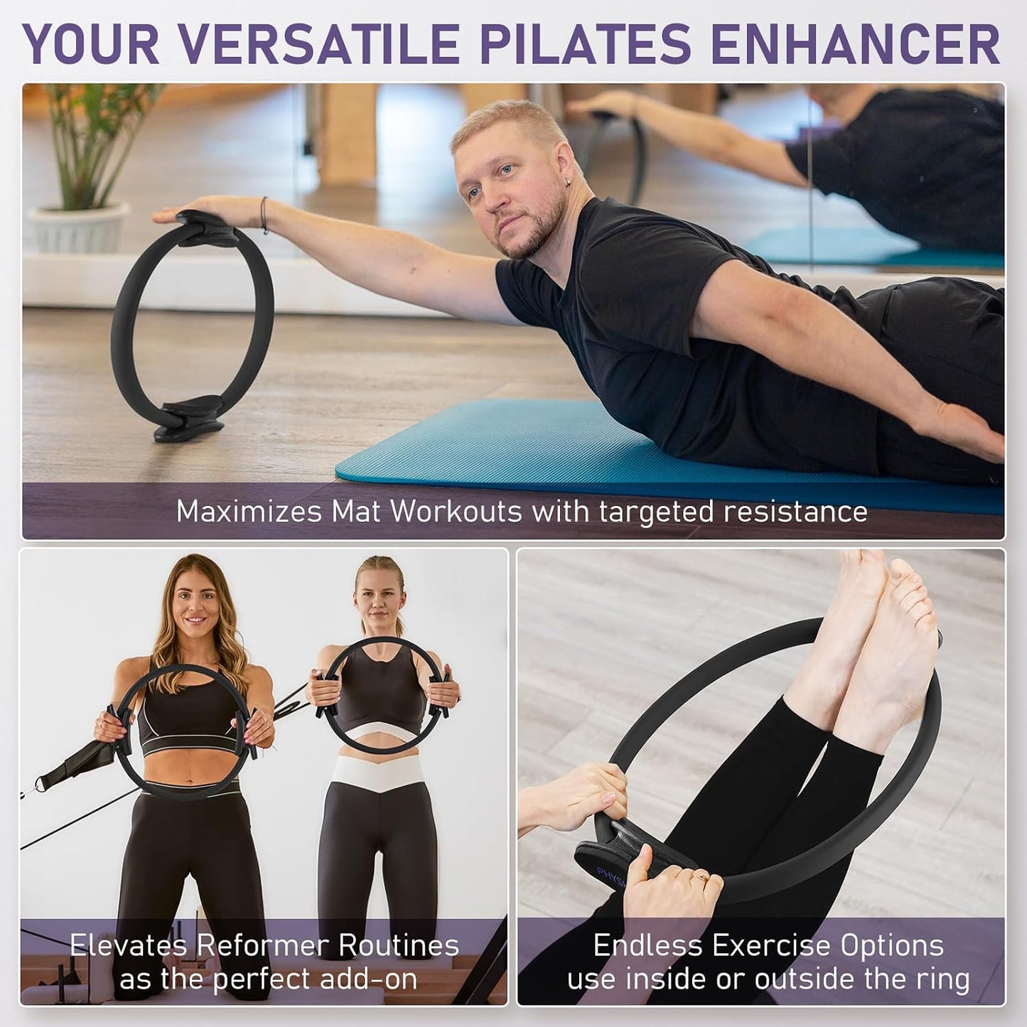 PhysKcal Pilates Ring, 15-Inch Magic Circle with Thick Padded Handle | Pilates Equipment for Toning Inner Thighs, Arms and Strengthening Cores with Workout Sheet Included