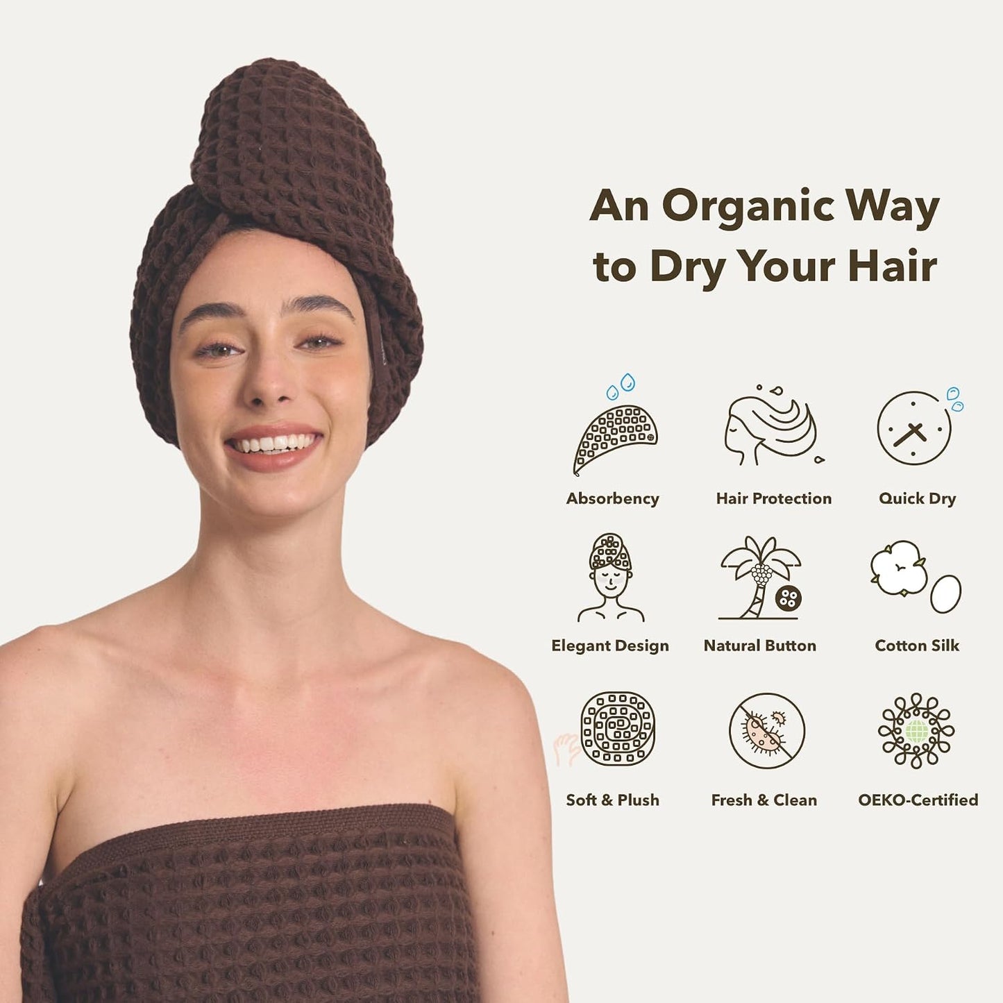 Luxury Organic Japanese Cotton Hair Drying Waffle Towel Wrap for Women | Absorbent, Quick-Dry Head Turban for Shower, Sauna, Spa | Extra Large for Long, Curly, Straight Hair With Button (White, 1 Pc)