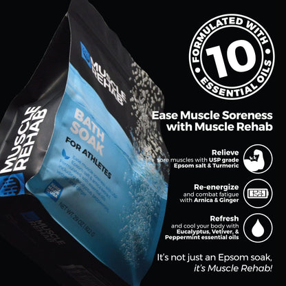 Muscle Rehab Epsom Salt Bath Soak 29 oz with Arnica - Fast-Dissolving Bath Salts for Muscle Relief and Recovery - Cooling Formula - Made in USA