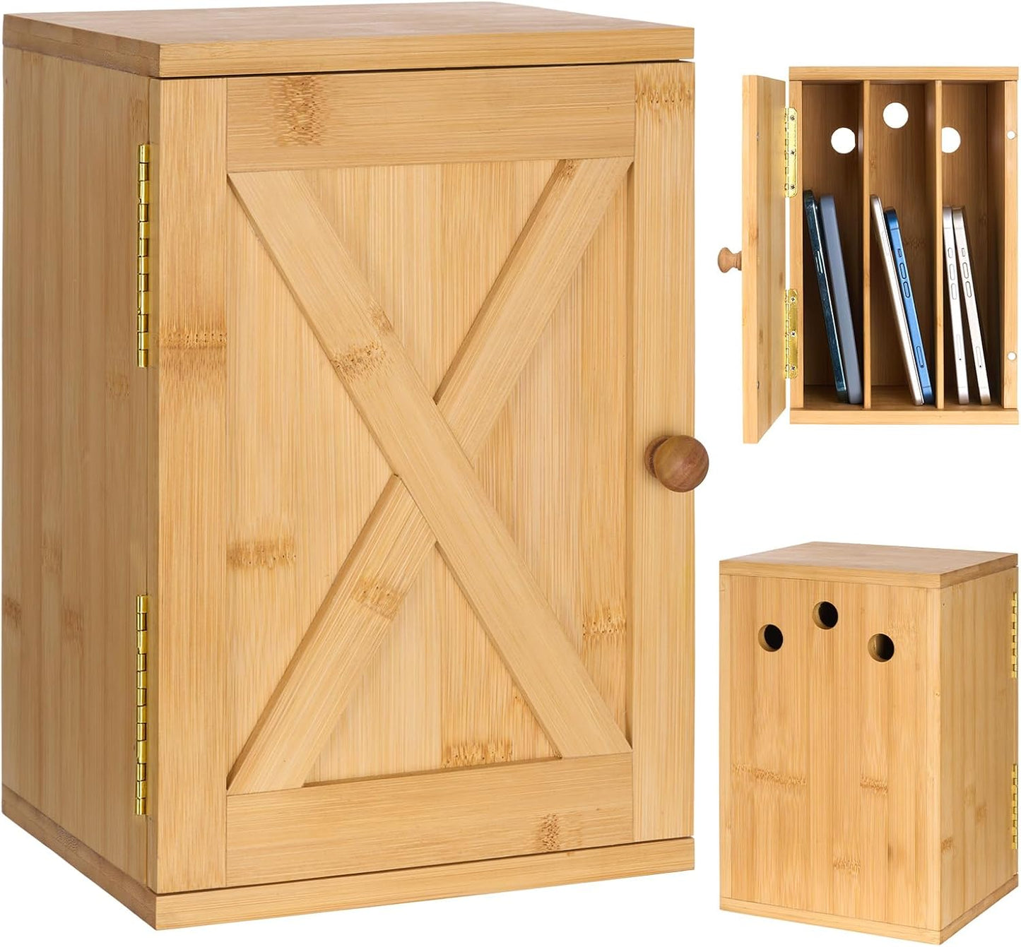 Bamboo Phone Box for Family Time, 6 Phones 3 Slots, Door-Shaped